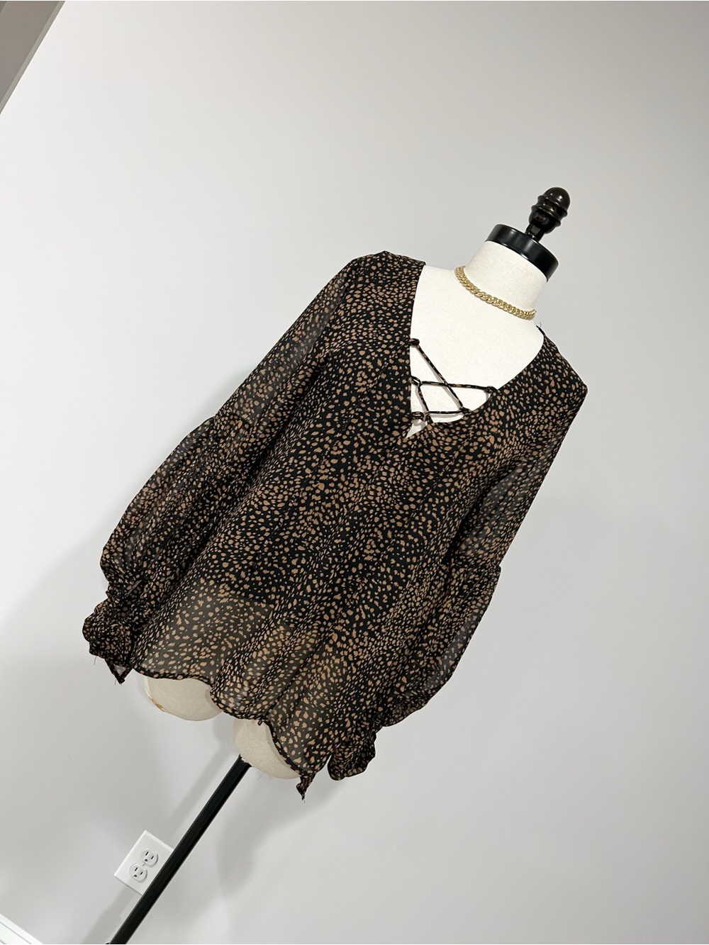By Together Black Blouse with Tan Spot Print and Lace-Up V-Neck